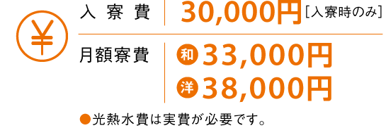 入寮費:30,000円/月額寮費:和33,000円,洋38,000円